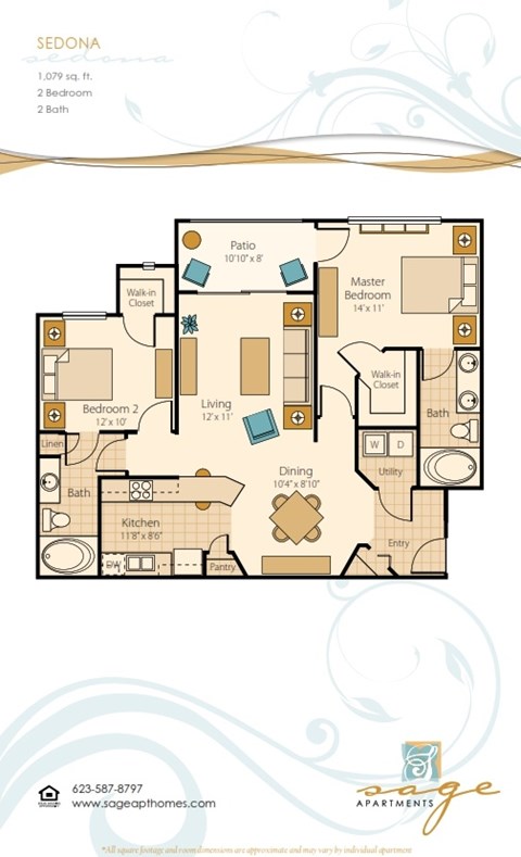 Floor plan for 2 beds, 2 baths, 1079 sqft