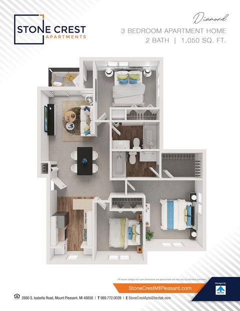 Floor plan for 3 beds, 2 baths, 1050 sqft
