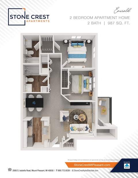 Floor plan for 2 beds, 2 baths, 987 sqft