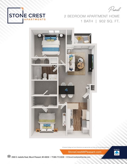 Floor plan for 2 beds, 1 bath, 902 sqft