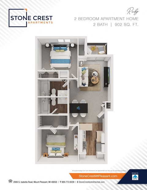 Floor plan for 2 beds, 2 baths, 902 sqft