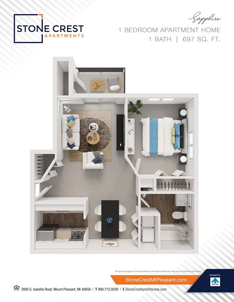 Floor plan for 1 bed, 1 bath, 697 sqft