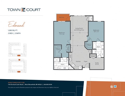 Floor plan for 2 beds, 2 baths, 1279 sqft