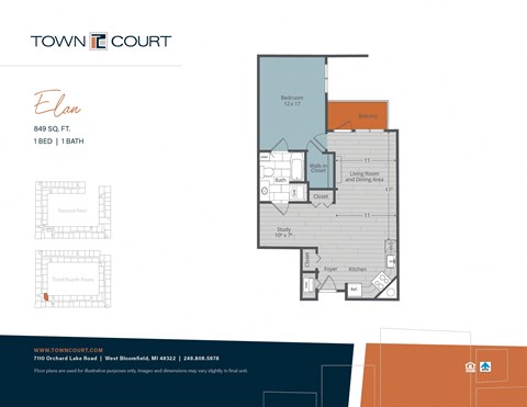 Floor plan for 1 bed, 1 bath, 851 sqft
