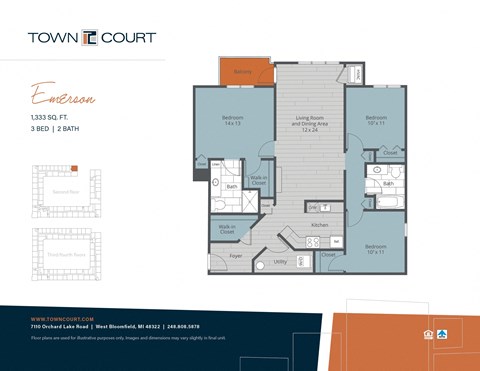 Floor plan for 3 beds, 2 baths, 1293 sqft