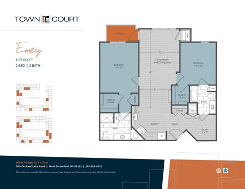 Floor plan for 2 beds, 2 baths, 1137 sqft