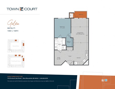 Floor plan for 1 bed, 1 bath, 862 sqft