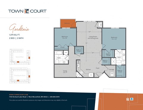 Floor plan for 2 beds, 2 baths, 1374 sqft