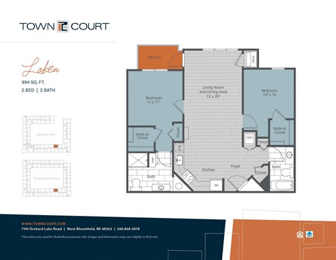 Floor plan for 2 beds, 2 baths, 994 sqft