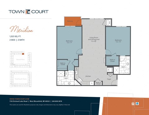 Floor plan for 2 beds, 2 baths, 1323 sqft