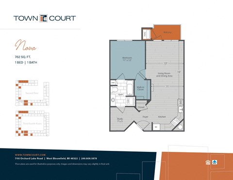 Floor plan for 1 bed, 1 bath, 762 sqft