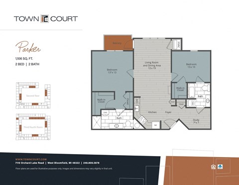 Floor plan for 2 beds, 2 baths, 1106 sqft
