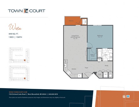Floor plan for 1 bed, 1 bath, 849 sqft