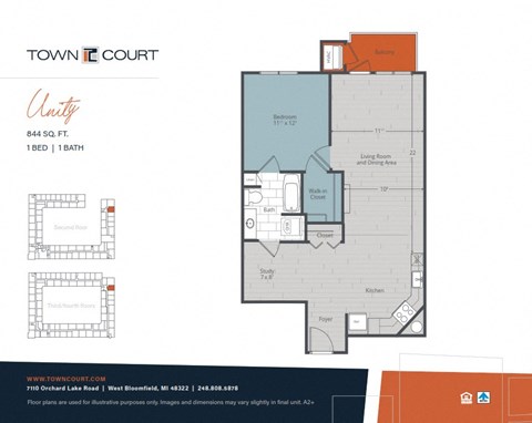 Floor plan for 1 bed, 1 bath, 844 sqft