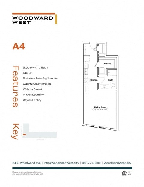 Floor plan for studio, 1 bath, 518 sqft