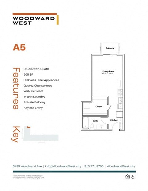 Floor plan for studio, 1 bath, 505 sqft