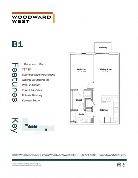 Floor plan for 1 bed, 1 bath, 737 sqft