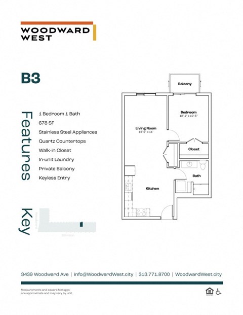 Floor plan for 1 bed, 1 bath, 678 sqft