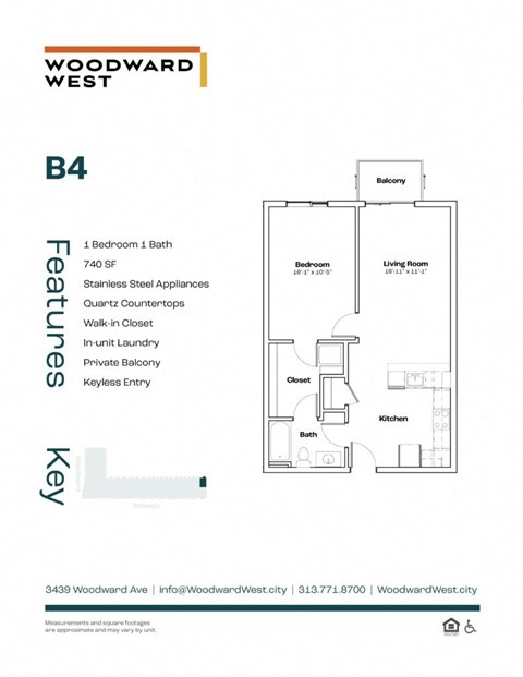 Floor plan for 1 bed, 1 bath, 740 sqft