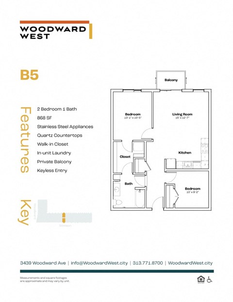 Floor plan for 2 beds, 1 bath, 868 sqft