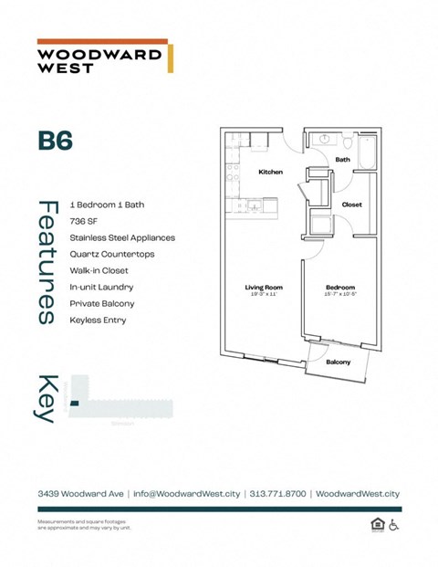 Floor plan for 1 bed, 1 bath, 736 sqft