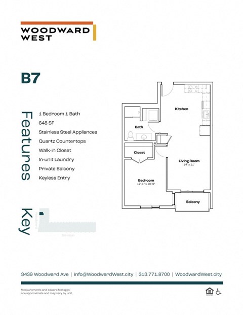 Floor plan for 1 bed, 1 bath, 648 sqft
