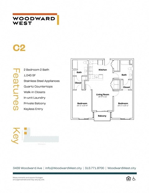Floor plan for 2 beds, 2 baths, 1043 sqft