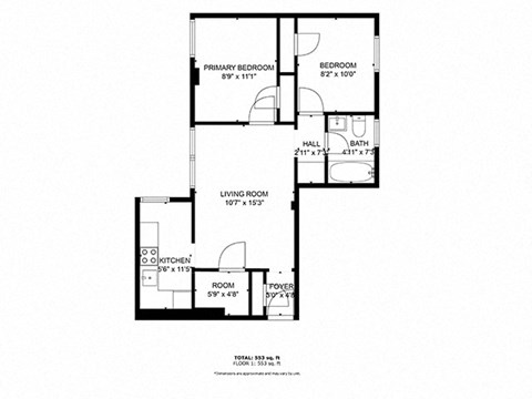 Floor plan for 2 beds, 1 bath, 552 sqft