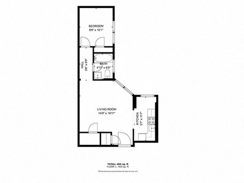 Floor plan for 1 bed, 1 bath, 454 sqft