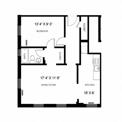 Floor plan for 1 bed, 1 bath, 650 sqft