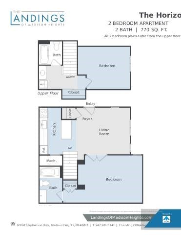 Floor plan for 2 beds, 2 baths, 775 sqft
