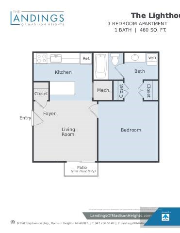 Floor plan for 1 bed, 1 bath, 460 sqft