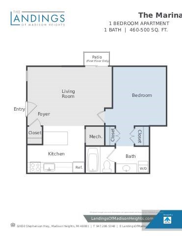Floor plan for 1 bed, 1 bath, 500 sqft