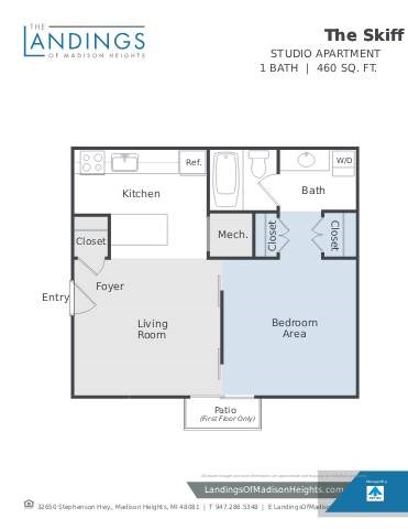 Floor plan for studio, 1 bath, 460 sqft