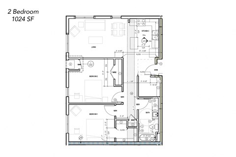 Floor plan for 2 beds, 1 bath, 1034 sqft