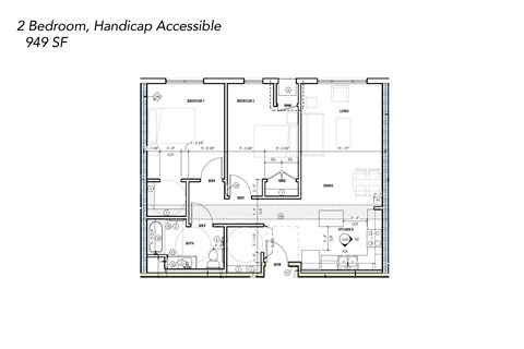 Floor plan for 2 beds, 1 bath, 949 sqft