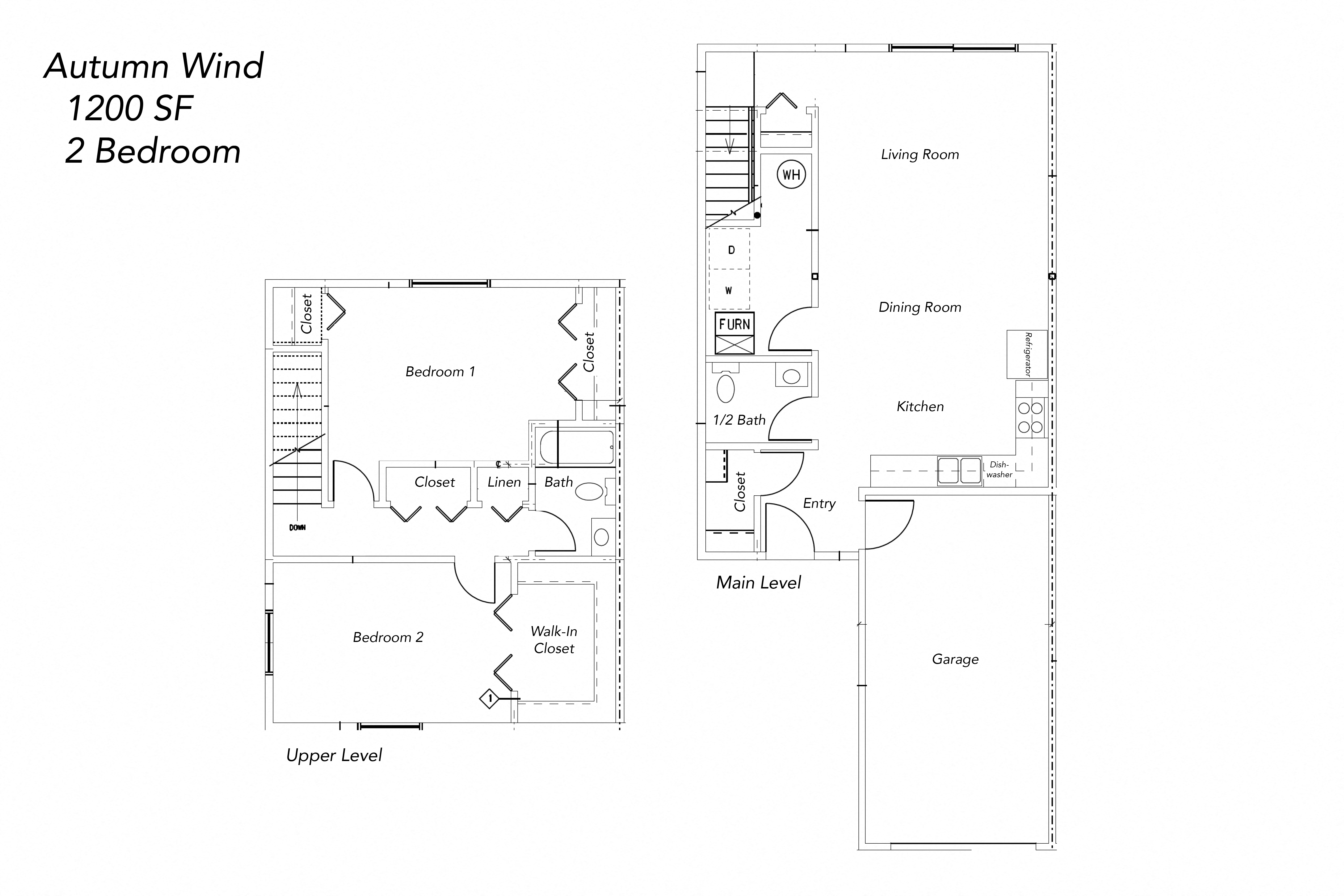 Floor plan for 2 beds, 1.5 baths, 1200 sqft