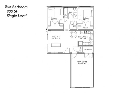 Floor plan for 2 beds, 1 bath, 910 sqft