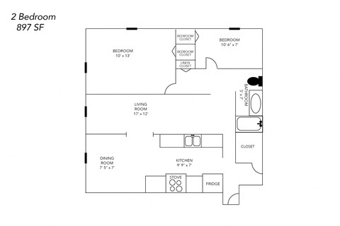Floor plan for 2 beds, 1 bath, 897 sqft