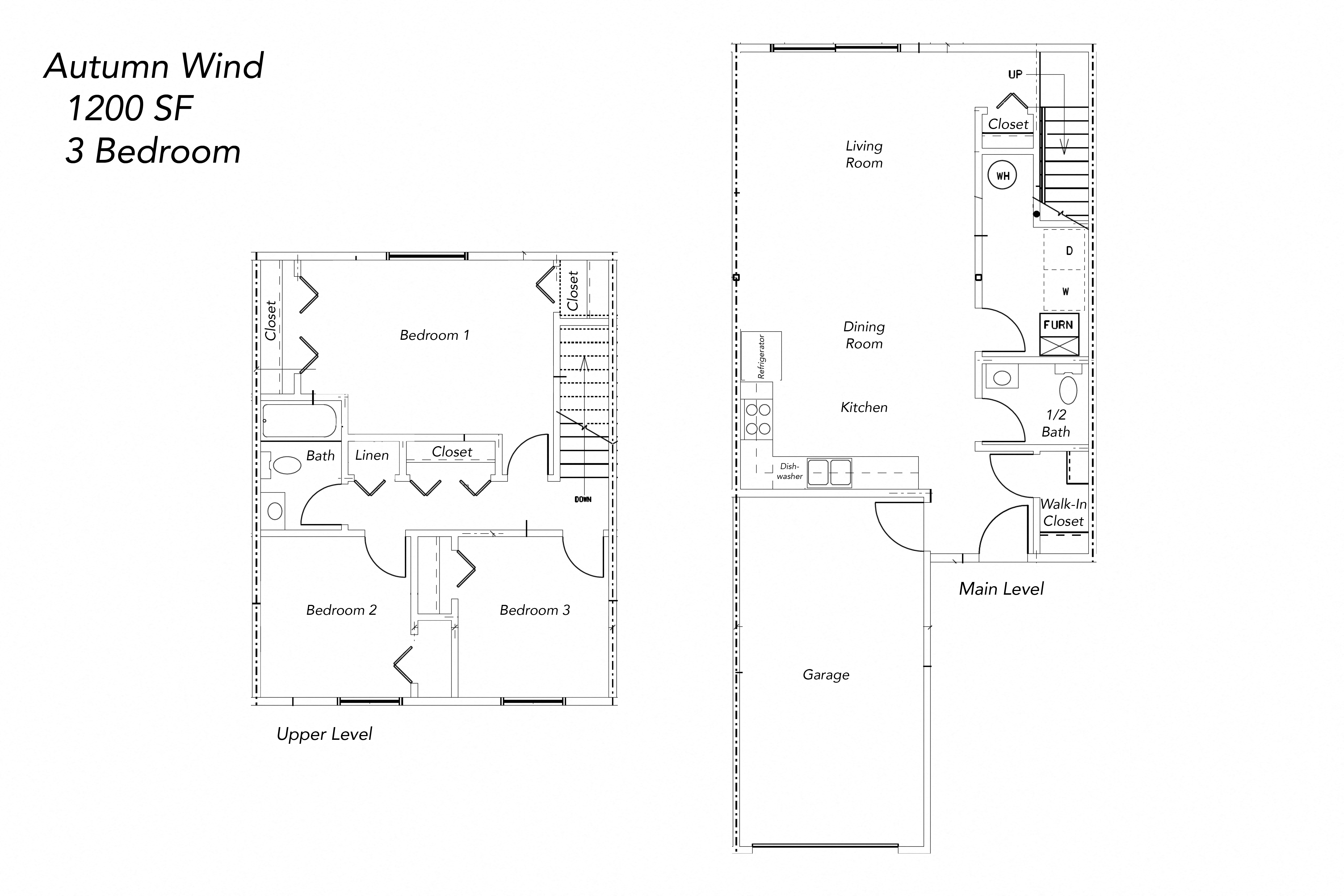 Floor plan for 3 beds, 1.5 baths, 1200 sqft