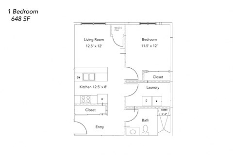 Floor plan for 1 bed, 1 bath, 648 sqft