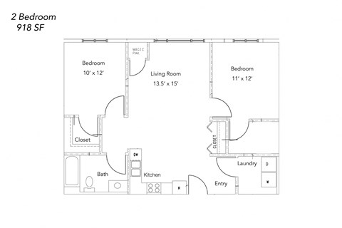 Floor plan for 2 beds, 1 bath, 918 sqft