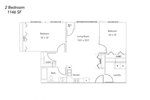 Floor plan for 2 beds, 1 bath, 1146 sqft