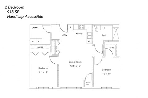 Floor plan for 2 beds, 1 bath, 918 sqft