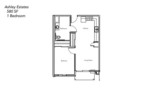 Floor plan for 1 bed, 1 bath, 580 sqft