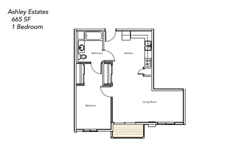 Floor plan for 1 bed, 1 bath, 665 sqft