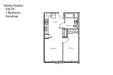 Floor plan for 1 bed, 1 bath, 536 sqft