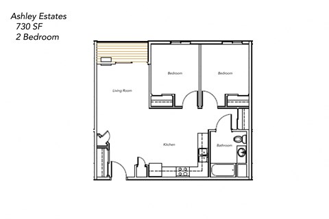 Floor plan for 2 beds, 1 bath, 730 sqft