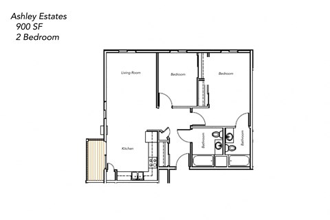 Floor plan for 2 beds, 2 baths, 900 sqft