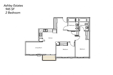 Floor plan for 2 beds, 2 baths, 945 sqft